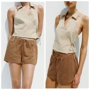 New Zara Striped High Waist Elastic Waistband Brown/Cream Boxer Shorts Medium
